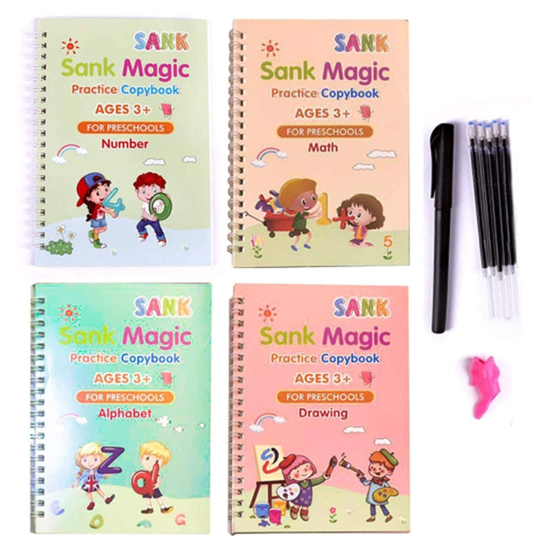 Caderno de Caligrafia Reutilizável - Kit com 4 Cadernos Mágicos para Prática de Escrita