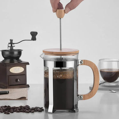 Cafeteira Prensa Francesa de Vidro Borossilicato com Tampa de Bambu - Disponível em 350ml, 600ml e 800ml
