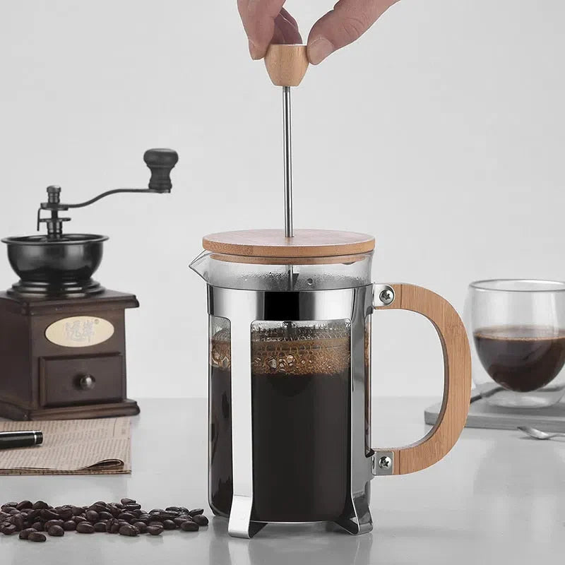 Cafeteira Prensa Francesa de Vidro Borossilicato com Tampa de Bambu - Disponível em 350ml, 600ml e 800ml