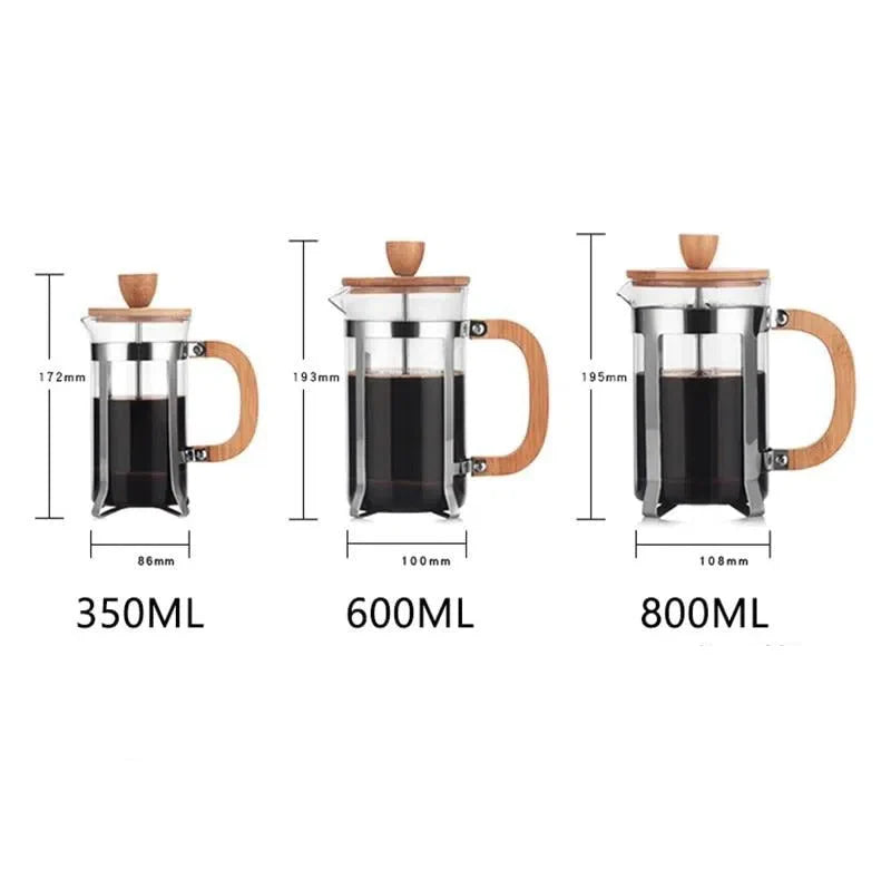 Cafeteira Prensa Francesa de Vidro Borossilicato com Tampa de Bambu - Disponível em 350ml, 600ml e 800ml