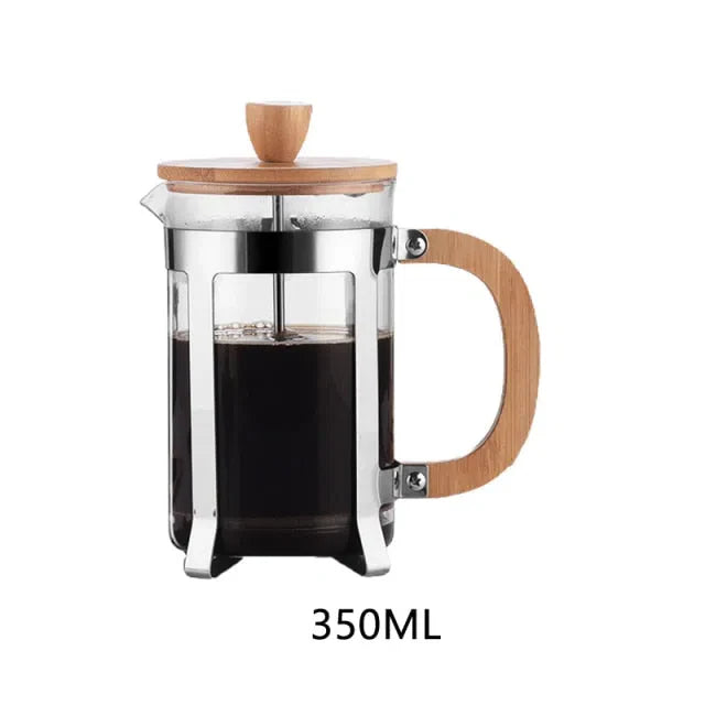 Cafeteira Prensa Francesa de Vidro Borossilicato com Tampa de Bambu - Disponível em 350ml, 600ml e 800ml