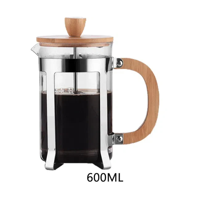 Cafeteira Prensa Francesa de Vidro Borossilicato com Tampa de Bambu - Disponível em 350ml, 600ml e 800ml