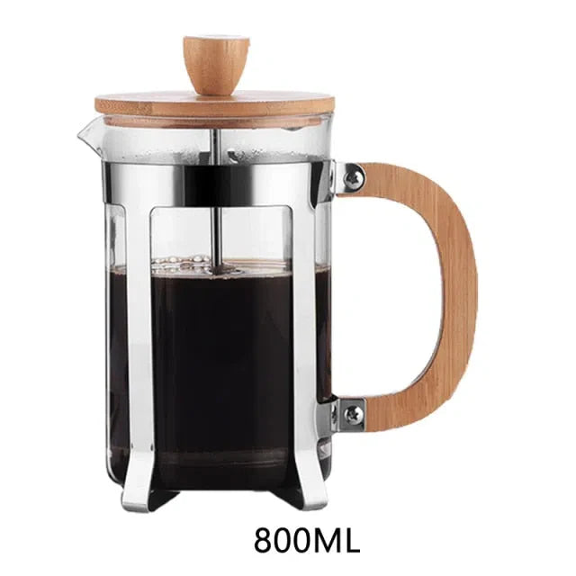 Cafeteira Prensa Francesa de Vidro Borossilicato com Tampa de Bambu - Disponível em 350ml, 600ml e 800ml