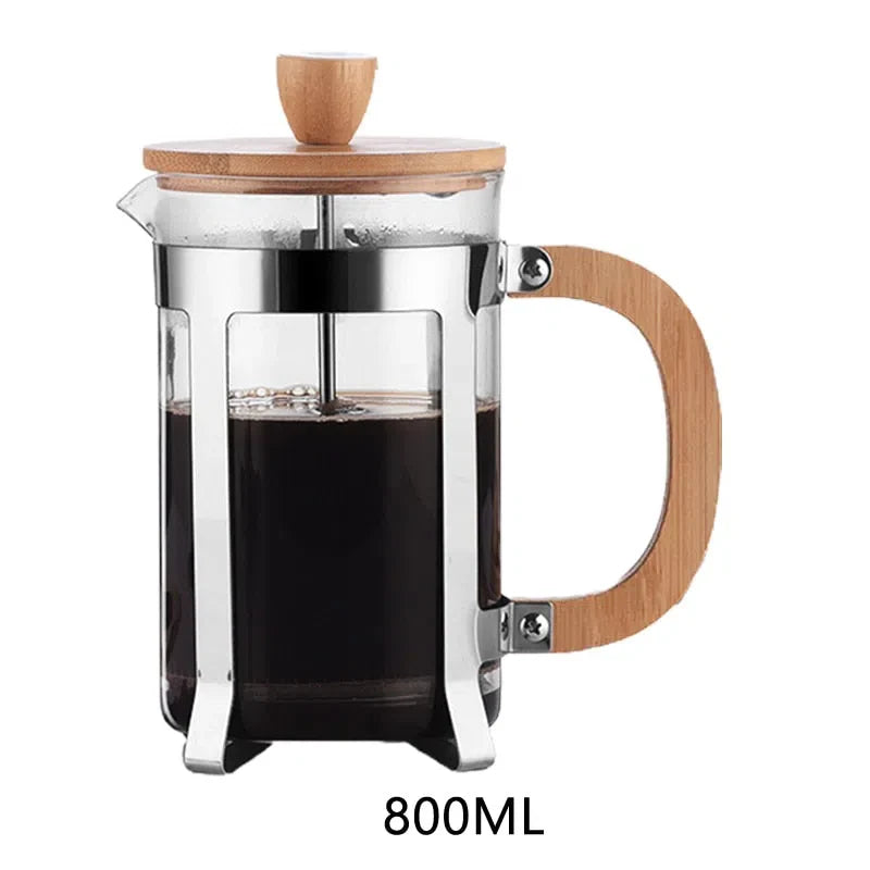 Cafeteira Prensa Francesa de Vidro Borossilicato com Tampa de Bambu - Disponível em 350ml, 600ml e 800ml