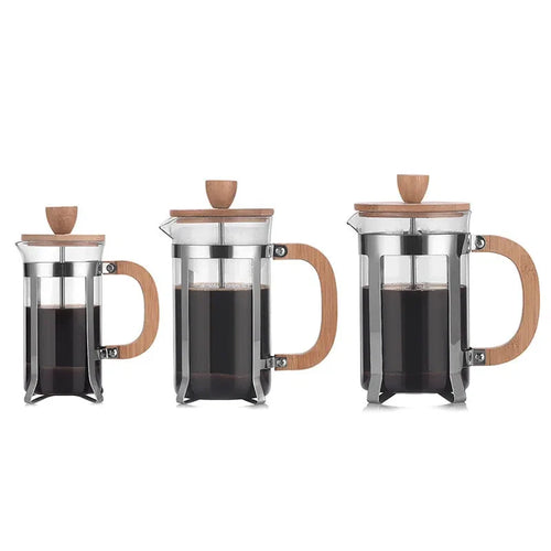 Cafeteira Prensa Francesa de Vidro Borossilicato com Tampa de Bambu - Disponível em 350ml, 600ml e 800ml