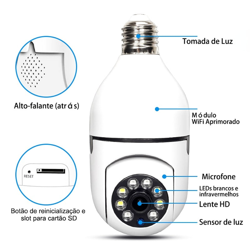 Câmera de Segurança Smart WiFi 1080P - Lâmpada LED HD para Residências