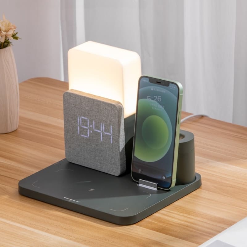 Carregador Indutivo com Luminária de Mesa e Função Despertador