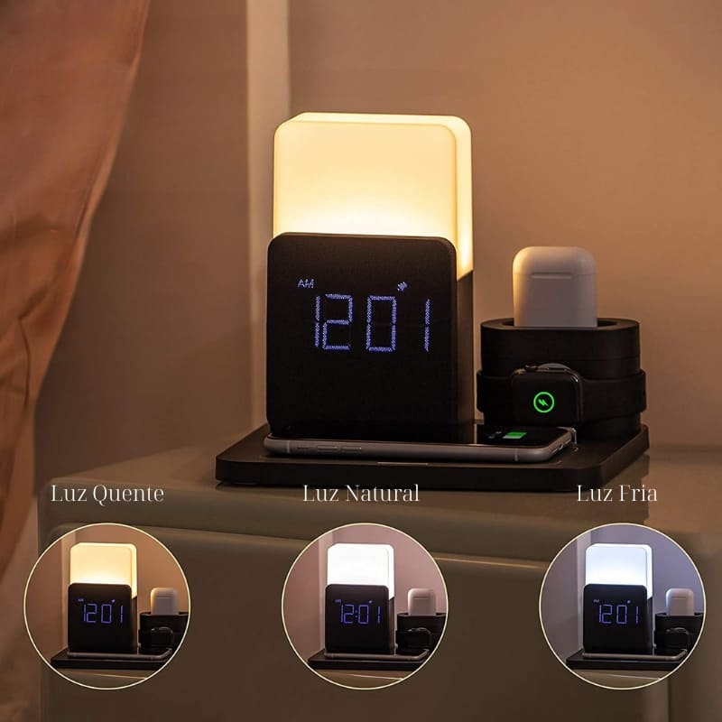 Carregador Indutivo com Luminária de Mesa e Função Despertador