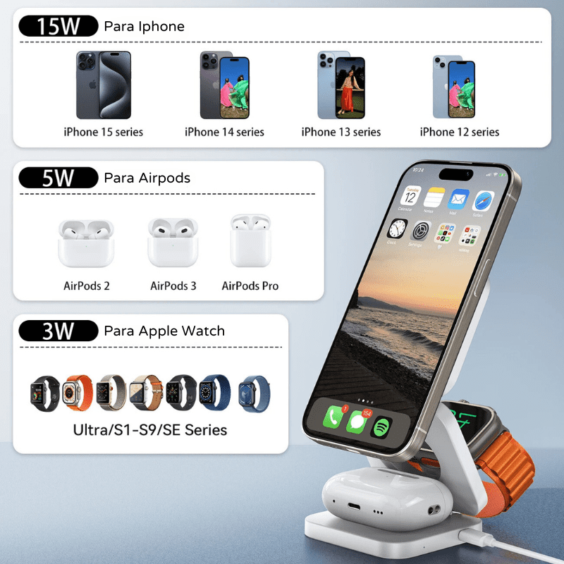 Carregador Indutivo para iPhone, Suporte para Apple Watch e AirPods