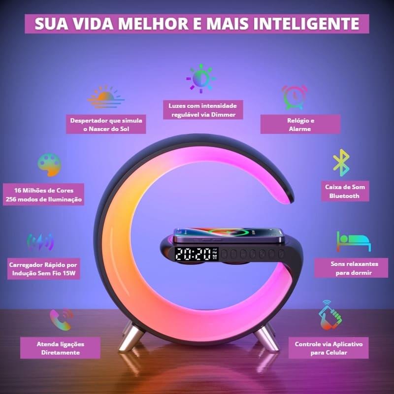 Carregador Indutivo para iPhone e Samsung com Despertador e Luminária Integrados