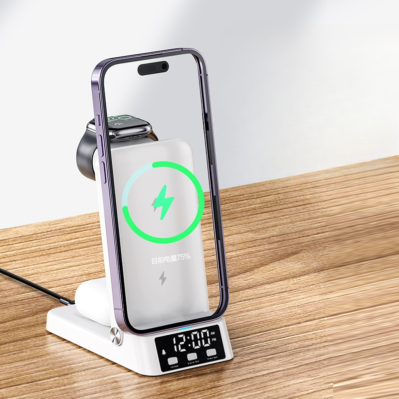 Carregador Sem Fio 4 em 1 com Relógio LED - Fast Charger Multifuncional
