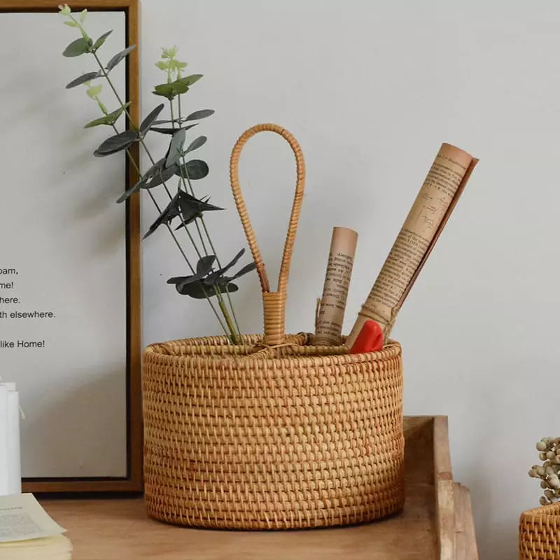 Cesta de Armazenamento de Vime em Rattan Artesanal para Organizar e Decorar
