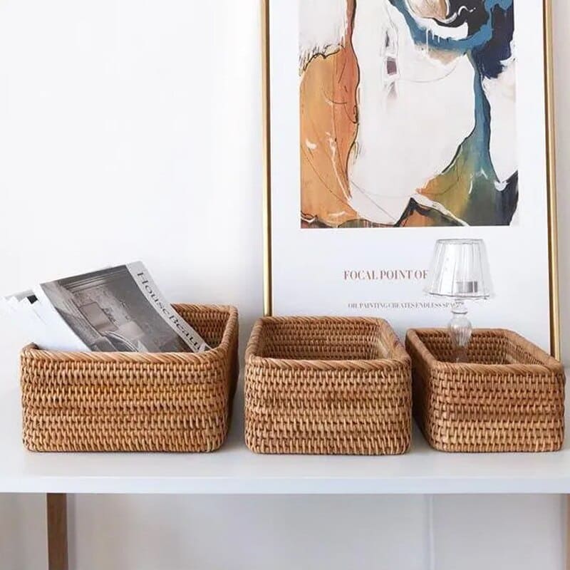Cesto de Palha Rattan Artesanal Feito à Mão