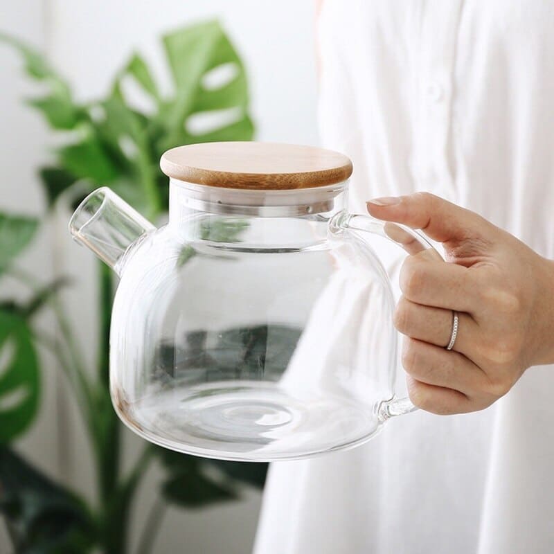 Chaleira de Vidro Borossilicato com Tampa de Bambu - Ideal para Infusões e Chás