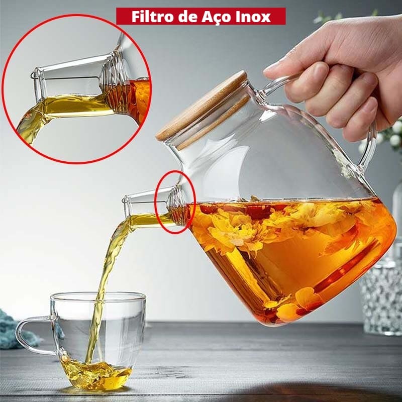 Chaleira de Vidro Borossilicato com Tampa de Bambu - Ideal para Infusões e Chás