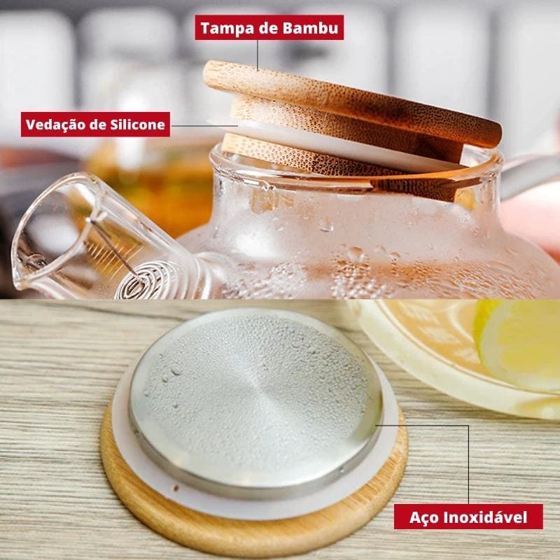 Chaleira de Vidro Borossilicato com Tampa de Bambu - Ideal para Infusões e Chás