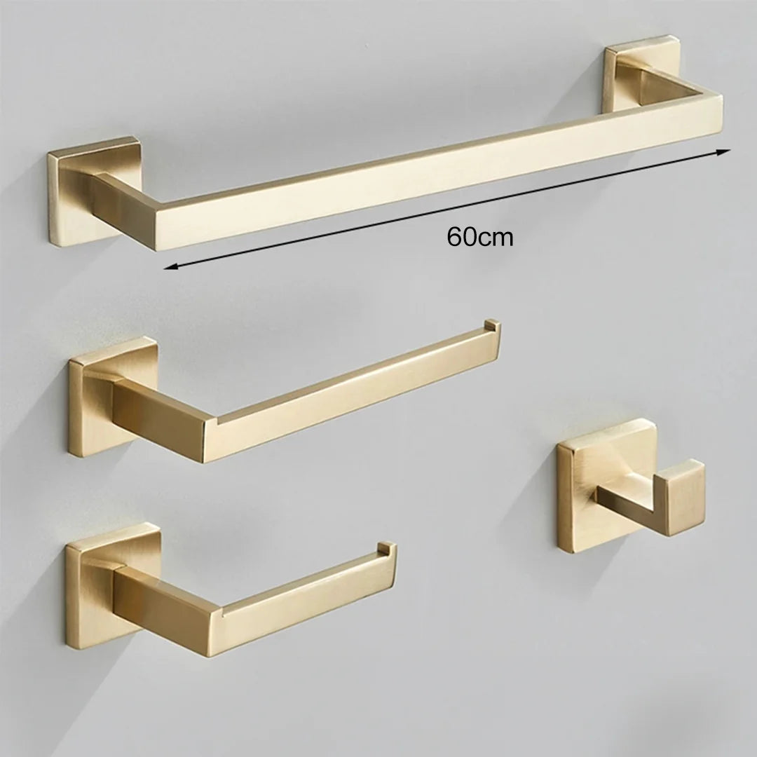 Conjunto Completo de Acessórios para Banheiro 4 Peças Inox 40/60cm com Toalheiro Dourado Escovado