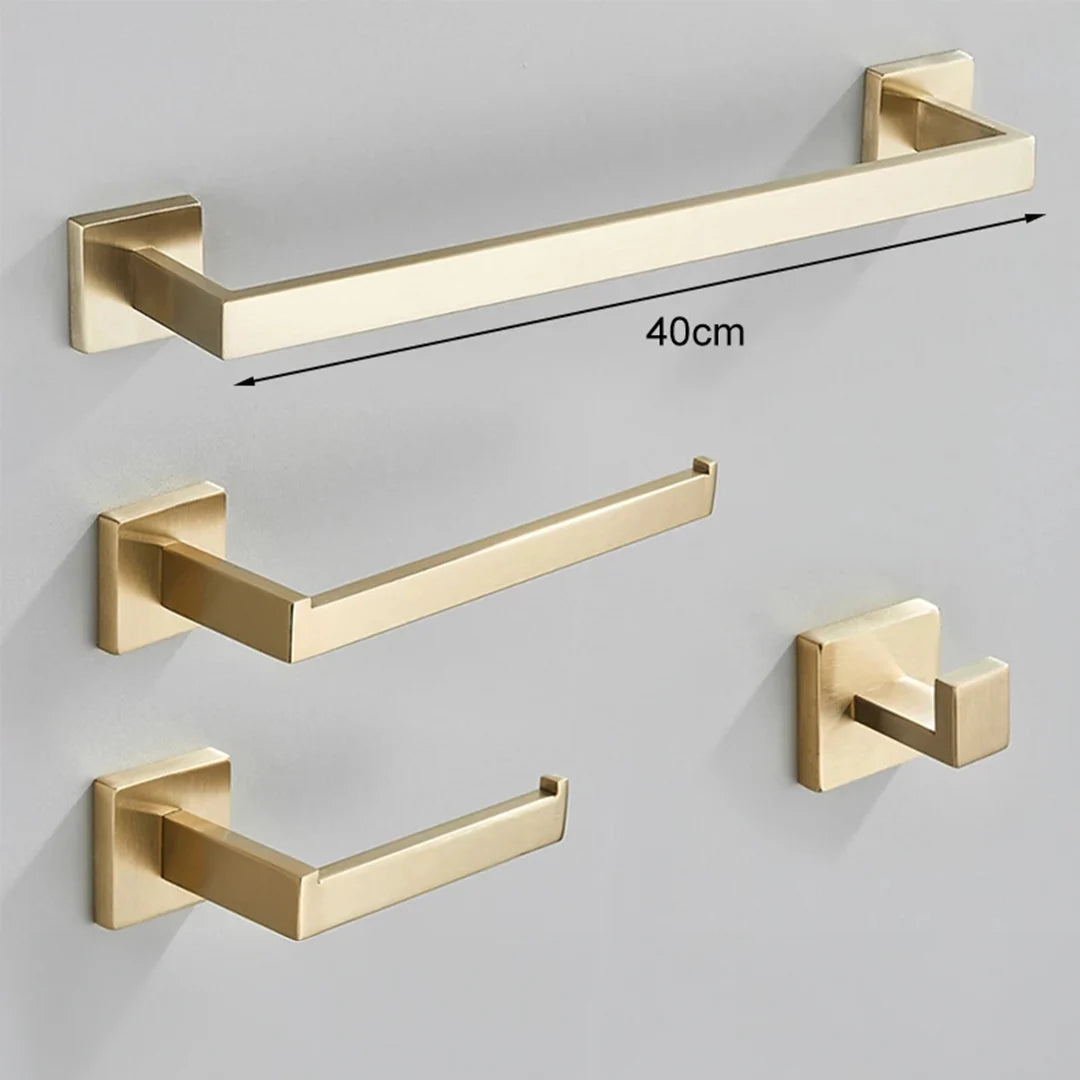 Conjunto Completo de Acessórios para Banheiro 4 Peças Inox 40/60cm com Toalheiro Dourado Escovado