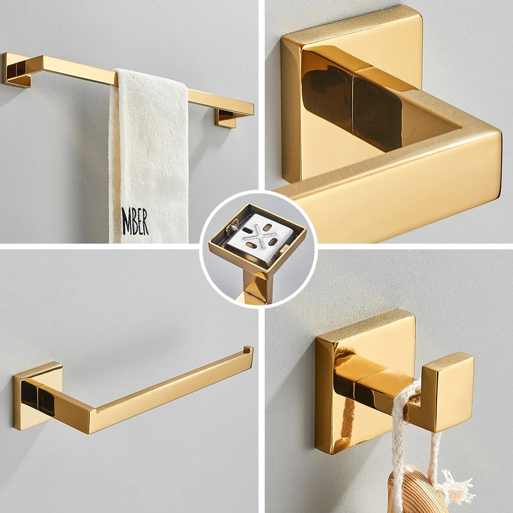 Conjunto Completo de Acessórios para Banheiro 4 Peças Inox 40/60cm com Toalheiro Dourado Escovado