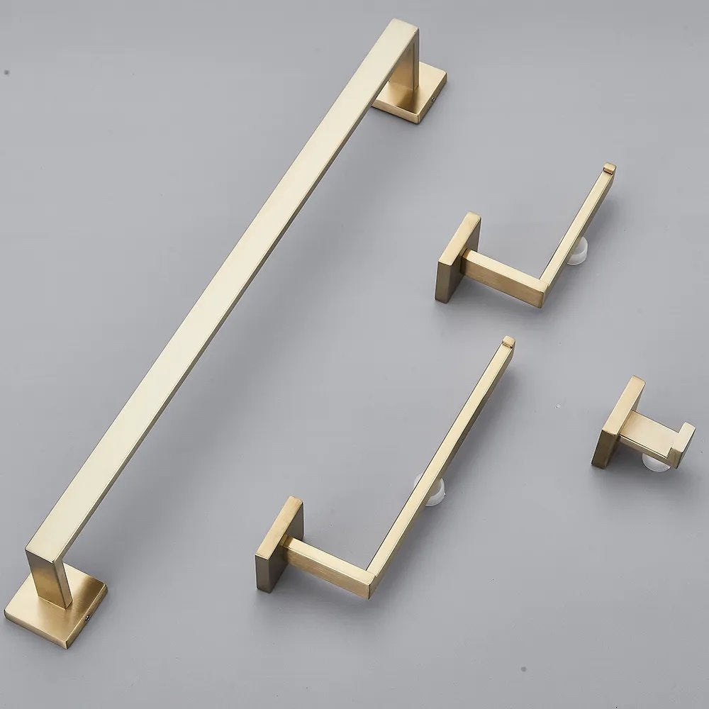 Conjunto Completo de Acessórios para Banheiro 4 Peças Inox 40/60cm com Toalheiro Dourado Escovado