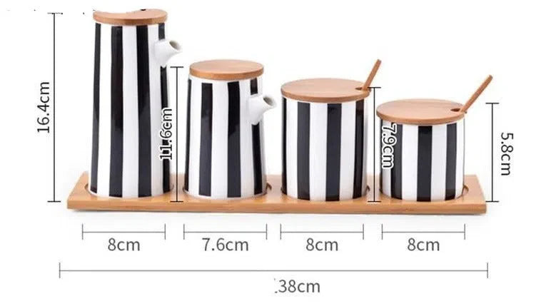 Conjunto Nórdico de Cerâmica e Bambu com Estampa Listrada