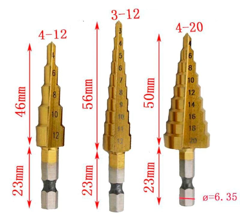 Conjunto de 3 Brocas Escalonadas de Titânio para Perfuração