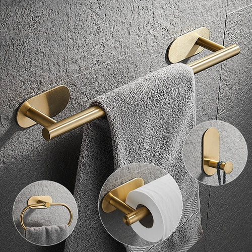 Conjunto de Acessórios para Banheiro 4 Peças Alto Adesivas Aço Inoxidável Escovado Dourado