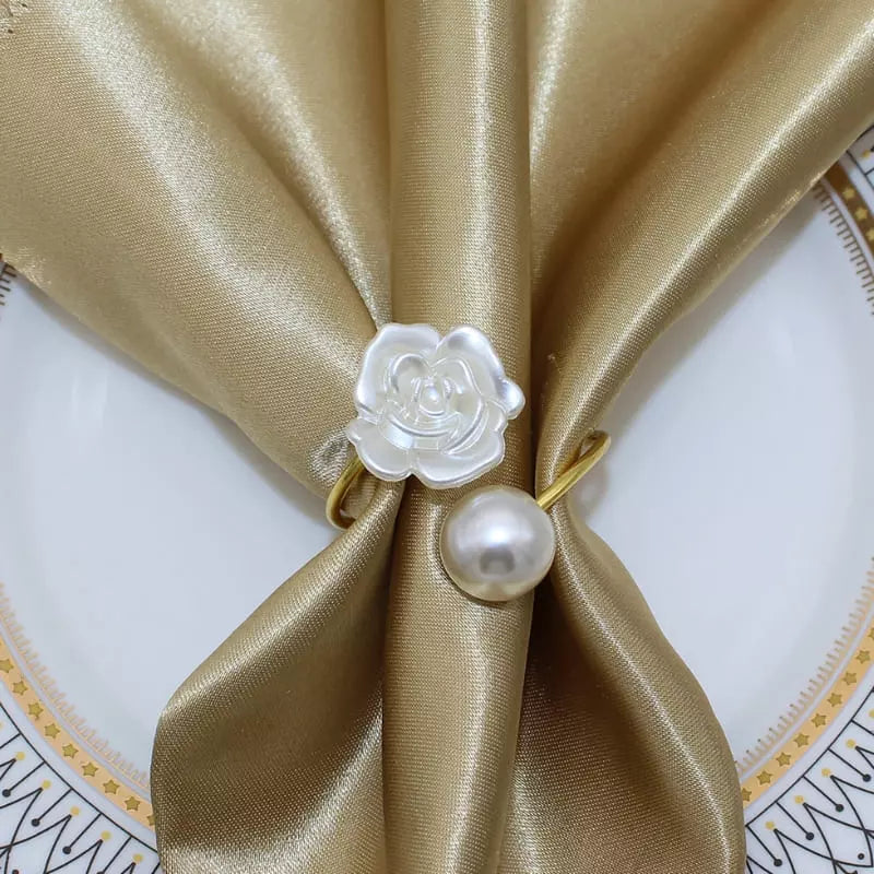 Conjunto de Anéis de Guardanapo de Tecido com Flor e Pérola - Acessórios para Mesa