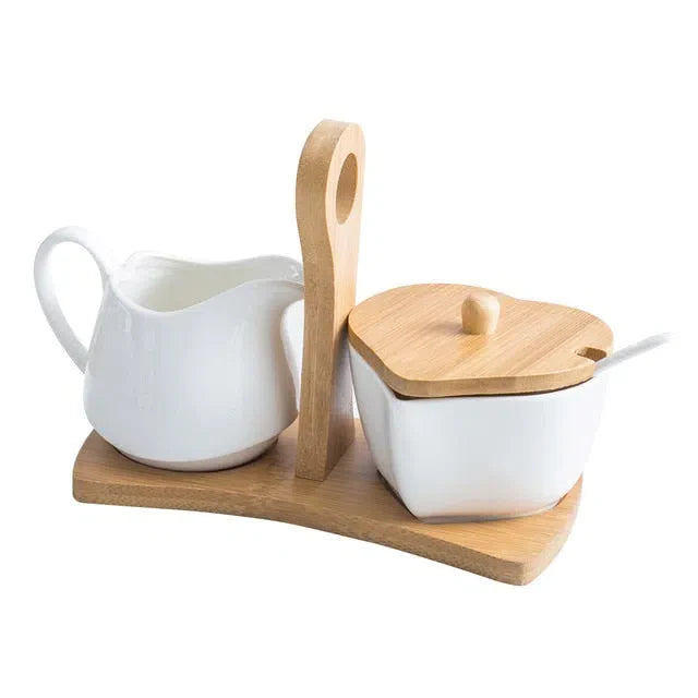 Conjunto de Cerâmica e Bambu - Base, Jarro e Açucareiro para Decoração