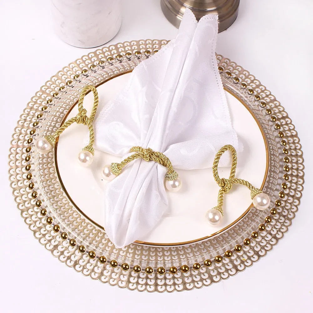 Conjunto de Cordão e Anéis de Pérola para Guardanapos - 6 Peças