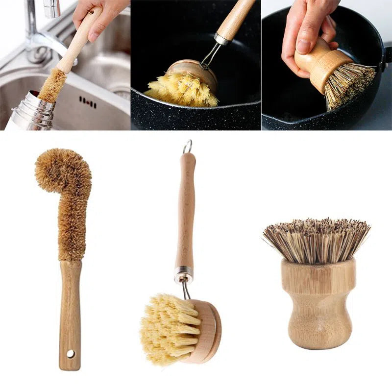 Conjunto de Escovas de Bambu para Limpeza de Cozinha - 4 Peças Ecológicas