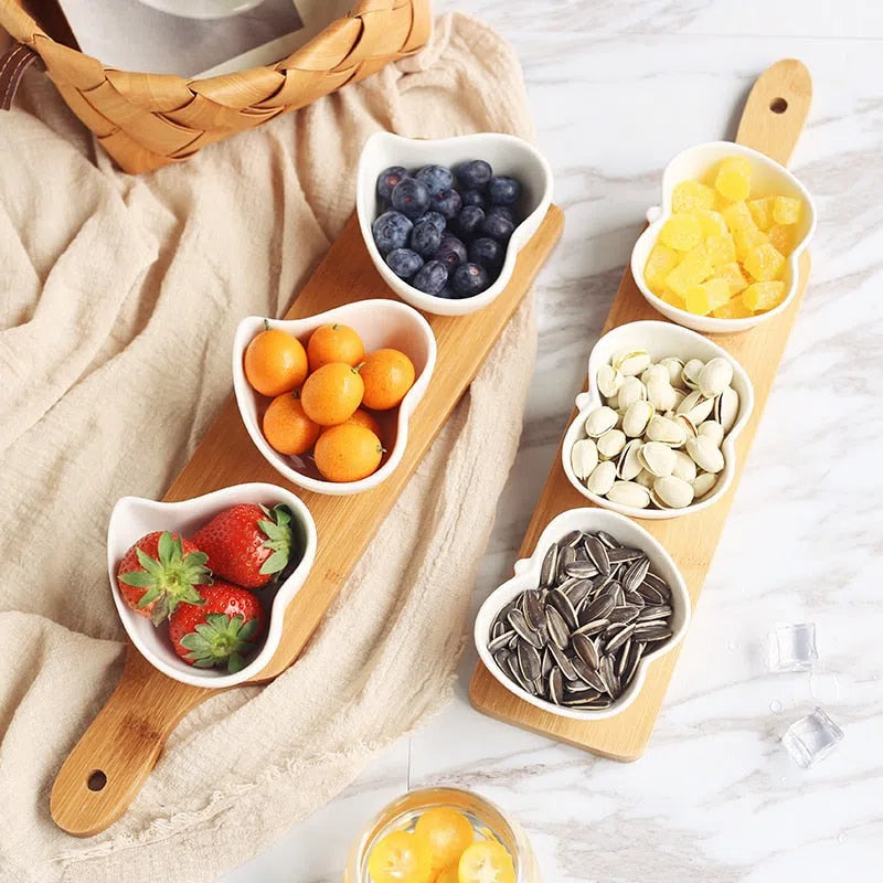 Conjunto de Petisqueiras de Porcelana com Mini Tábua de Bambu - Ideal para Servir Aperitivos