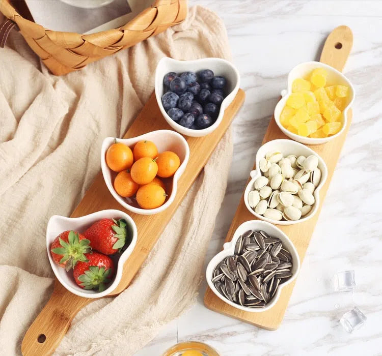 Conjunto de Petisqueiras de Porcelana com Mini Tábua de Bambu - Ideal para Servir Aperitivos