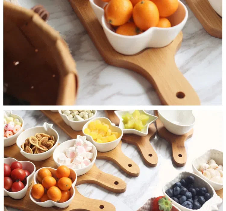 Conjunto de Petisqueiras de Porcelana com Mini Tábua de Bambu - Ideal para Servir Aperitivos