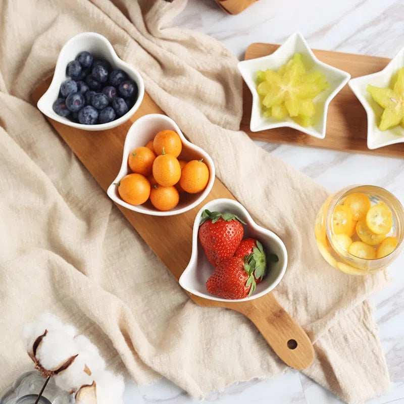 Conjunto de Petisqueiras de Porcelana com Mini Tábua de Bambu - Ideal para Servir Aperitivos