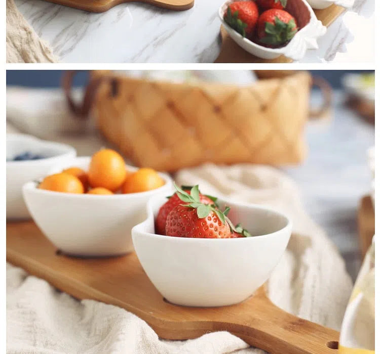 Conjunto de Petisqueiras de Porcelana com Mini Tábua de Bambu - Ideal para Servir Aperitivos
