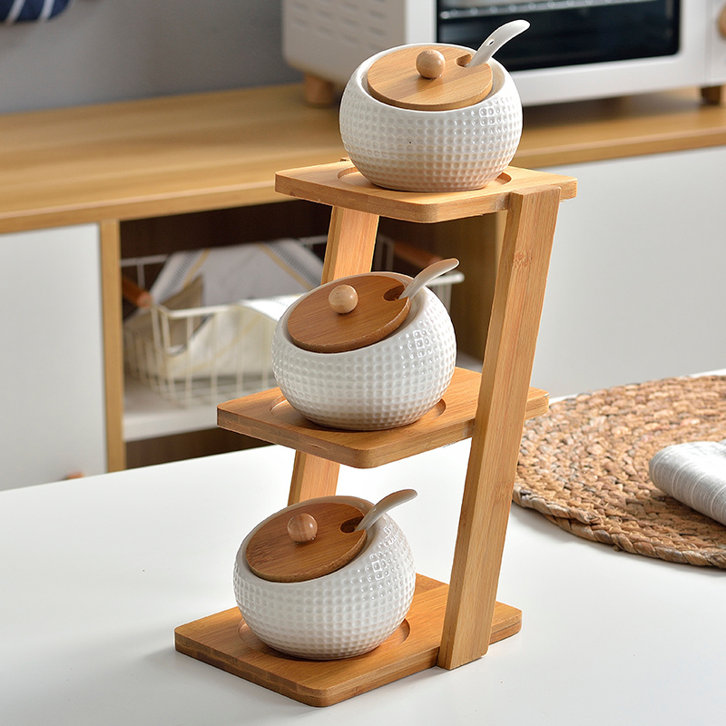 Conjunto de Porta Temperos em Cerâmica com Base de Bambu - Organizador de Temperos para Cozinha