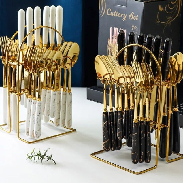 Conjunto de Talheres Dourados 24 Peças - Pratos e Utensílios para Jantar Elegantes