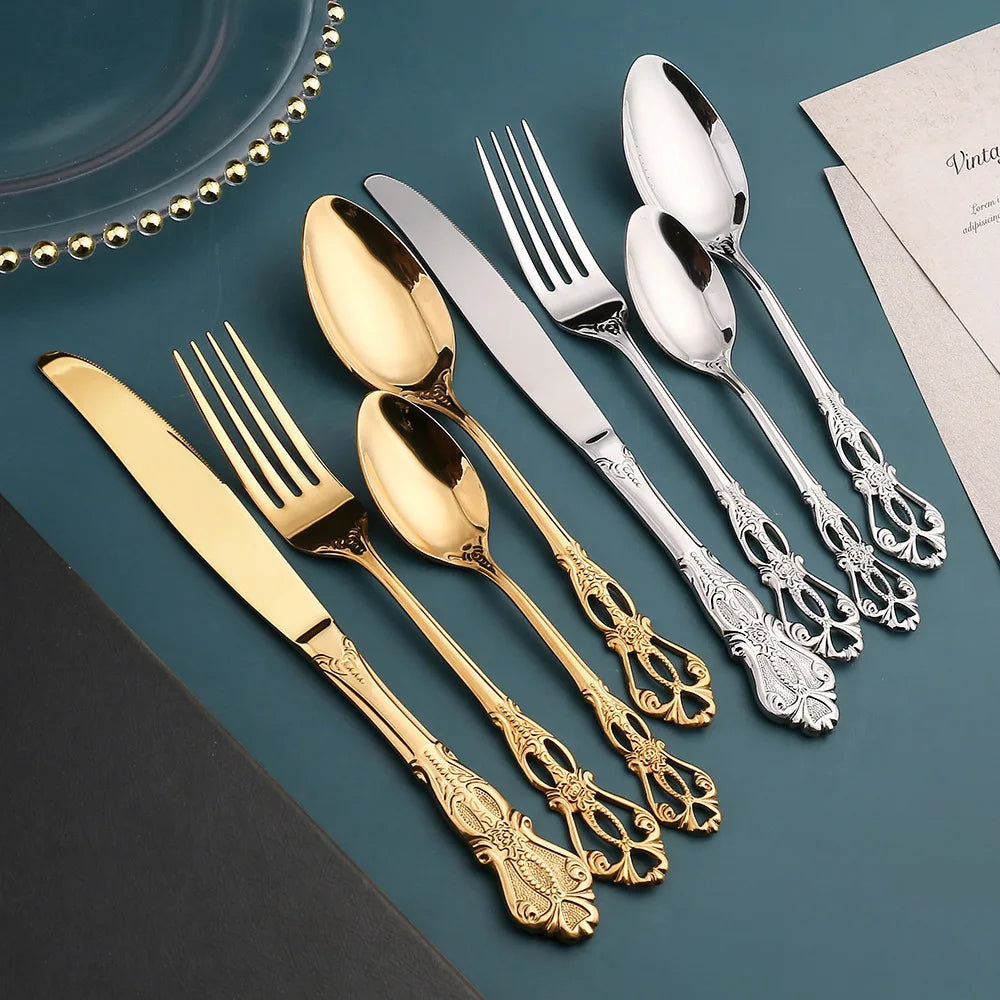 Conjunto de Talheres Dourados em Aço Inoxidável - 24 Peças, Design Elegante para Jantar