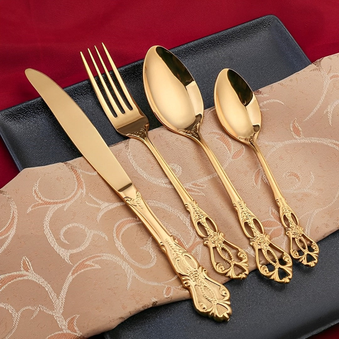 Conjunto de Talheres Dourados em Aço Inoxidável - 24 Peças, Design Elegante para Jantar