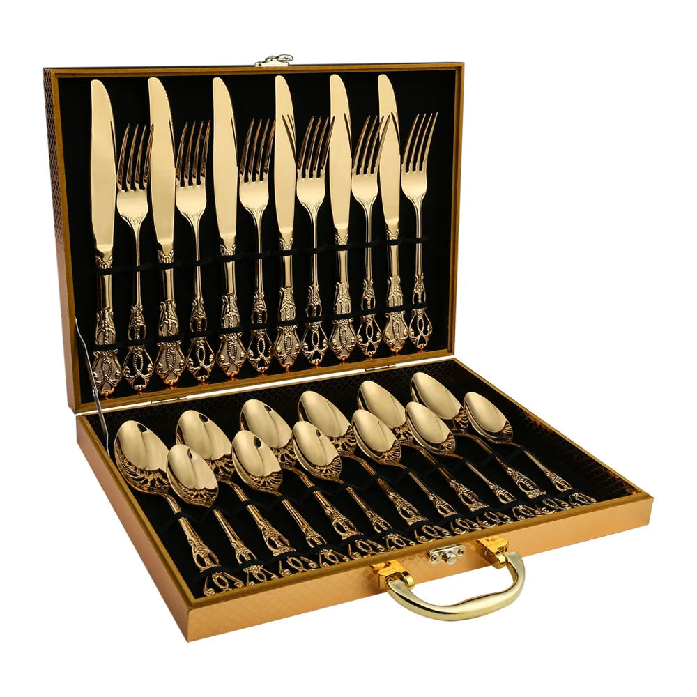 Conjunto de Talheres Dourados em Aço Inoxidável - 24 Peças, Design Elegante para Jantar