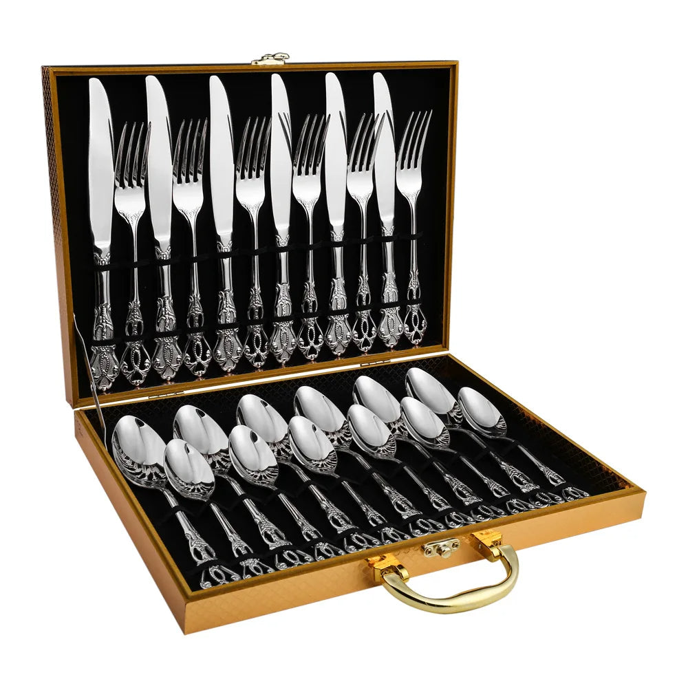 Conjunto de Talheres Dourados em Aço Inoxidável - 24 Peças, Design Elegante para Jantar