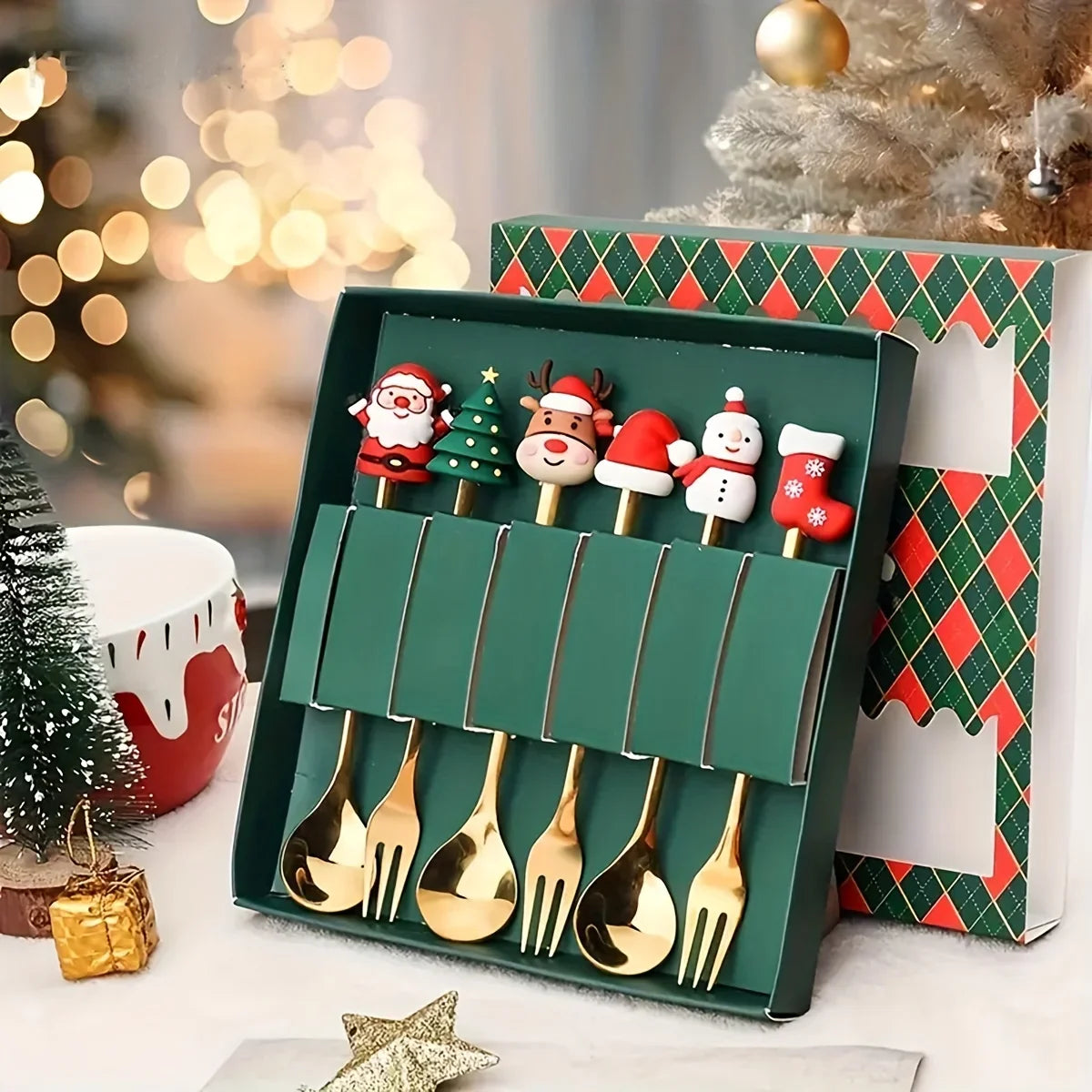 Conjunto de Talheres Dourados em Aço Inoxidável para Festas de Natal