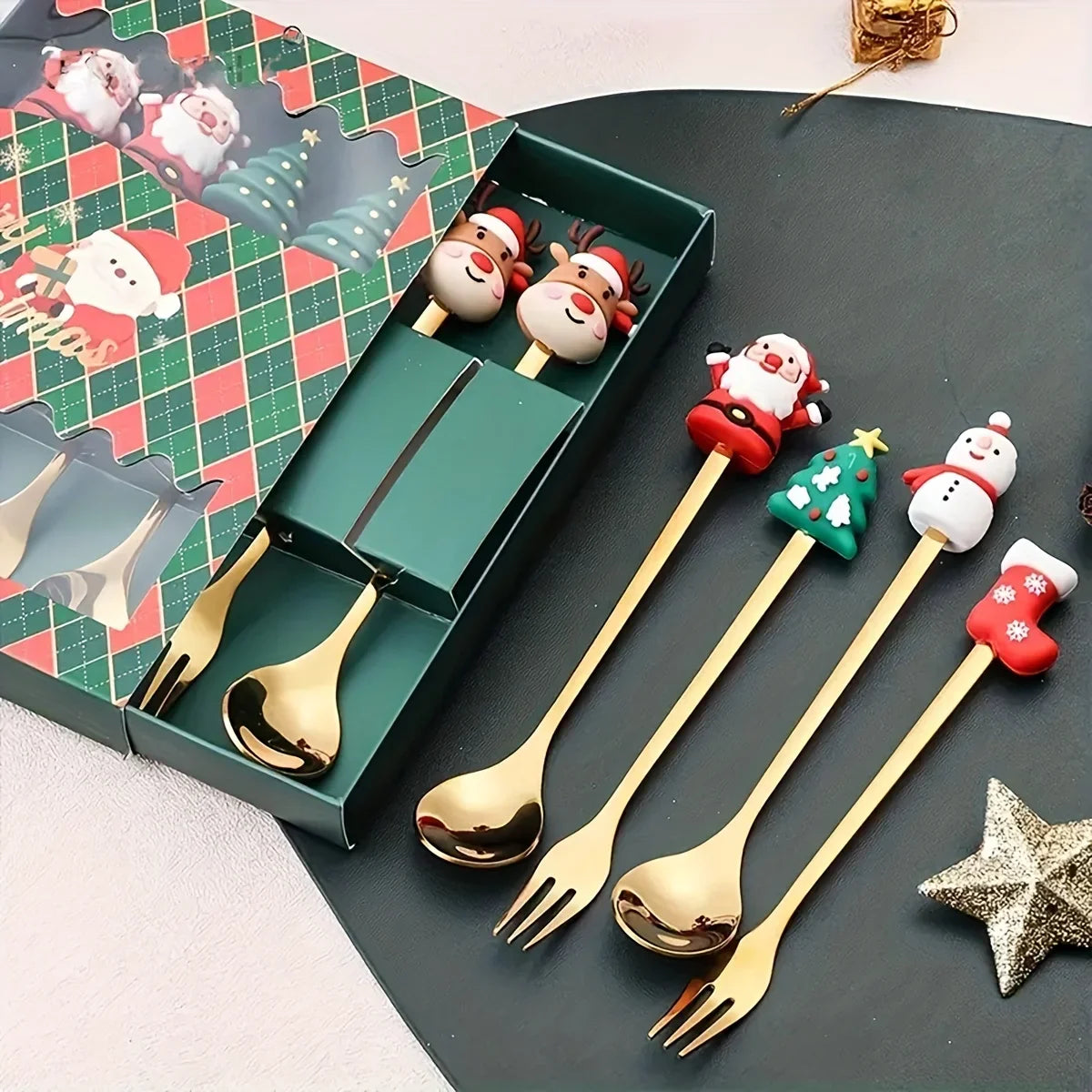 Conjunto de Talheres Dourados em Aço Inoxidável para Festas de Natal
