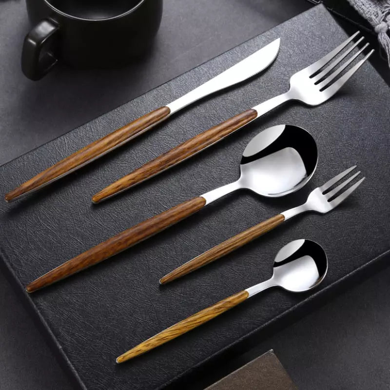 Conjunto de Talheres Inox 30 Peças com Cabo de Madeira