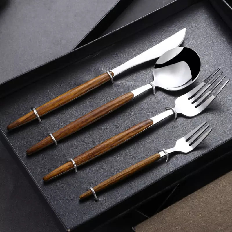 Conjunto de Talheres Inox 30 Peças com Cabo de Madeira