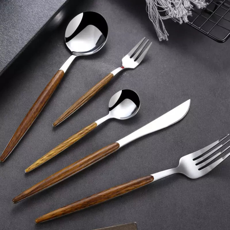 Conjunto de Talheres Inox 30 Peças com Cabo de Madeira