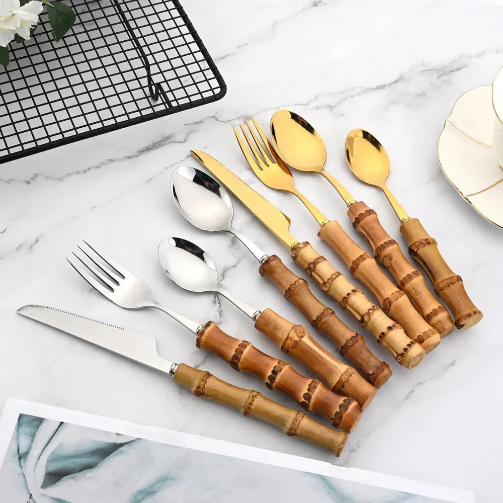 Conjunto de Talheres de Aço Inoxidável com Cabo de Bambu - 24 Peças