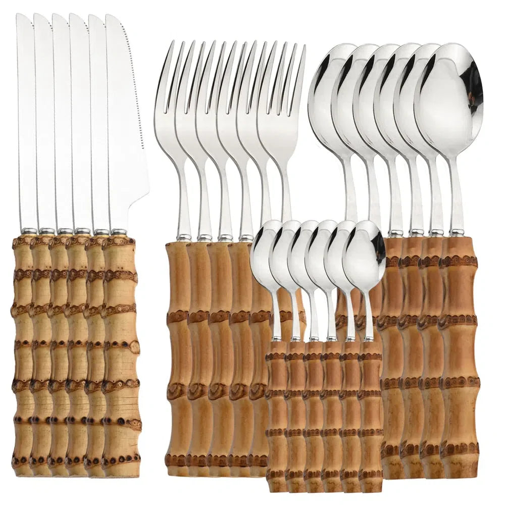Conjunto de Talheres de Aço Inoxidável com Cabo de Bambu - 24 Peças