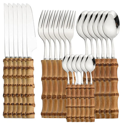 Conjunto de Talheres de Aço Inoxidável com Cabo de Bambu - 24 Peças